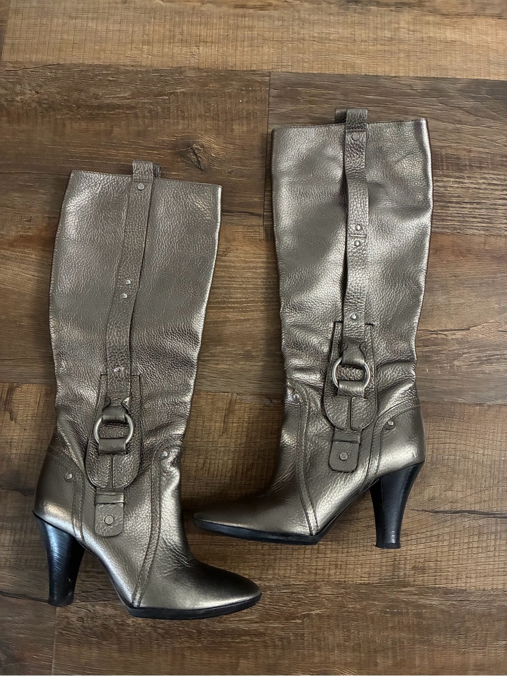 Celine Metallic Gray Leather Knee-High Heeled Boots